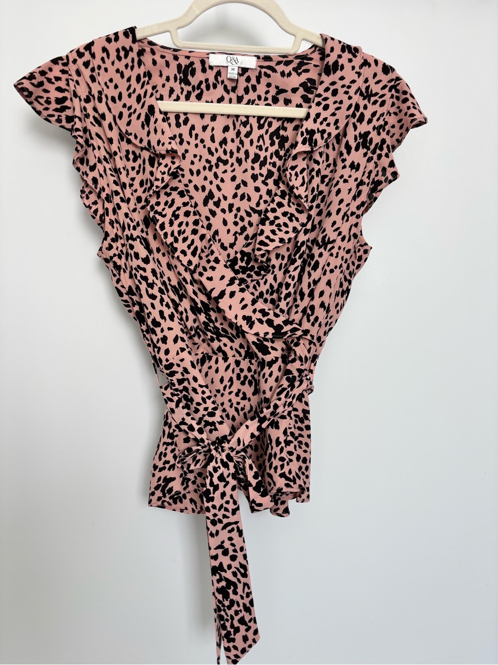 Ruffled Pink Leopard Tie-Waist Wrap Blouse
